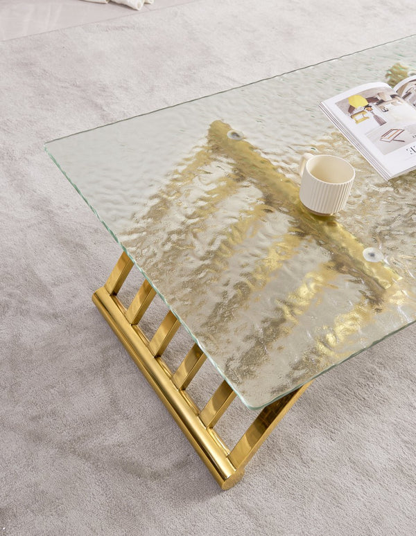 English Elm 47" Rectangle Modern Coffee Table With Ripple Glass Top, Gold Stainless Steel Frame, Easy Assembly W2978S00015