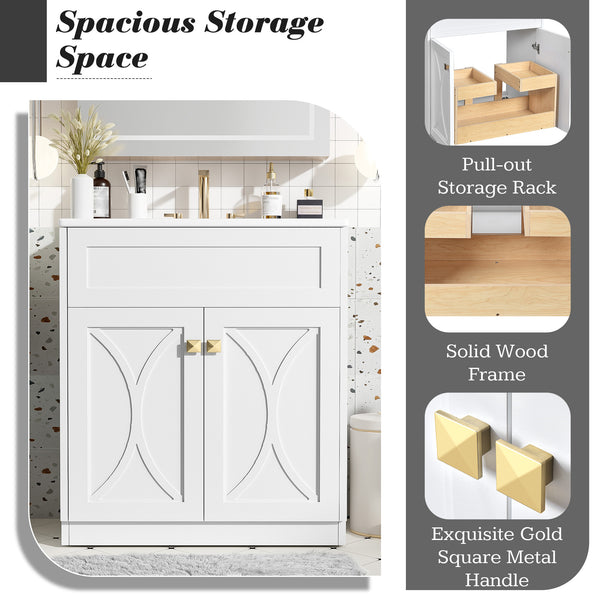English Elm 30'' Bathroom Vanity With Ceramic Sink Combo - Modern Freestanding Cabinet, Gold Handles & Soft-Close Doors N710P194898K