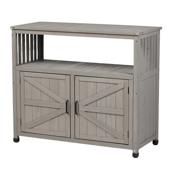 English Elm Wooden Solid Bar Height Buffet Cabinet with Slatted Panels for Patio or Dining W2640P262542