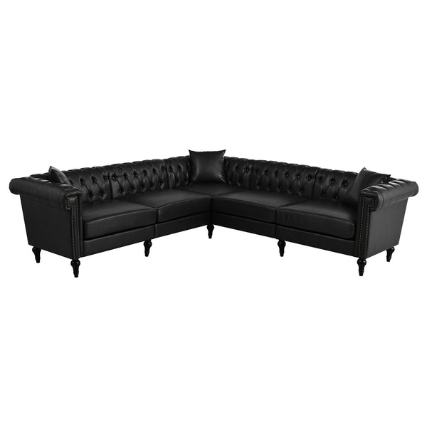 English Elm Sectional tufted Chesterfield sofa with rolled arms and nailhead trim, 5-seat reversible L-shape luxury seating for modern living spaces, durable PU leather upholstery and birch legs Black W680S00081