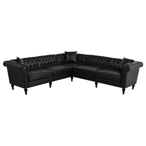 English Elm Sectional Chesterfield Sofa with Tufted Back Nailhead Trim Pu Leather 5 Seat Living Room Black W680S00112