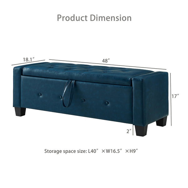 English Elm 48" Storage Ottoman Bench with Tufted Faux Leather Upholstery, Solid Wood Frame & 300lb Capacity Blue W1097P338780