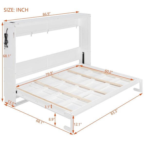 English Elm Queen-size Murphy Wall Bed with Led Ambient Lighting Usb Outlet and Graphic Panel White LP000357AAK