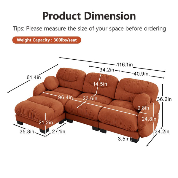 English Elm Pleated Chenille Sectional Sofa with Ergonomic Foam Sculptural Curved Armrests Living Room Orange W5656S00068