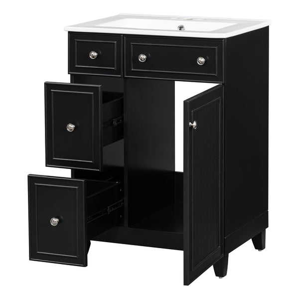English Elm 24-Inch Bathroom Vanity Cabinet with Ceramic Sink, Space-Saving Storage, Solid Wood Feet, Durable Finish Black WF532034AAB