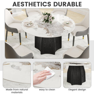 English Elm 53" Round Marble Dining Table - Elegant Sintered Stone Top & Solid Oak Base For 6 People Comfort W1535S00457