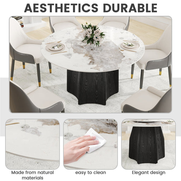 English Elm 53" Round Marble Dining Table - Elegant Sintered Stone Top & Solid Oak Base For 6 People Comfort W1535S00457