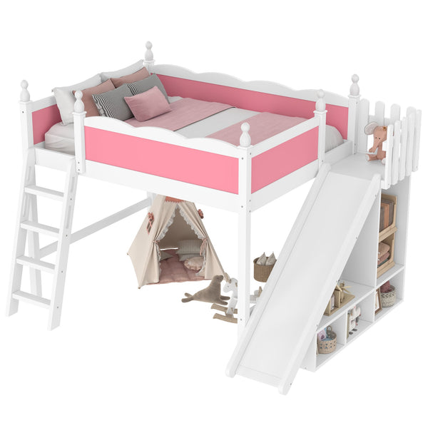 English Elm Full Loft Bed With Detachable Slide, Storage Shelves, And Cabinet In Pink & White – Fun & Functional! W1580S00245