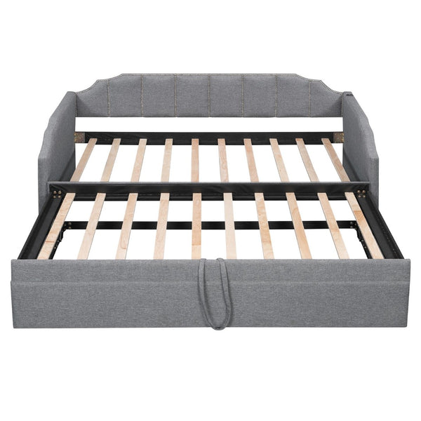 English Elm Twin Linen Upholstered Daybed with Pop up Trundle and Built in Usb Charging Gray SF000199AAE