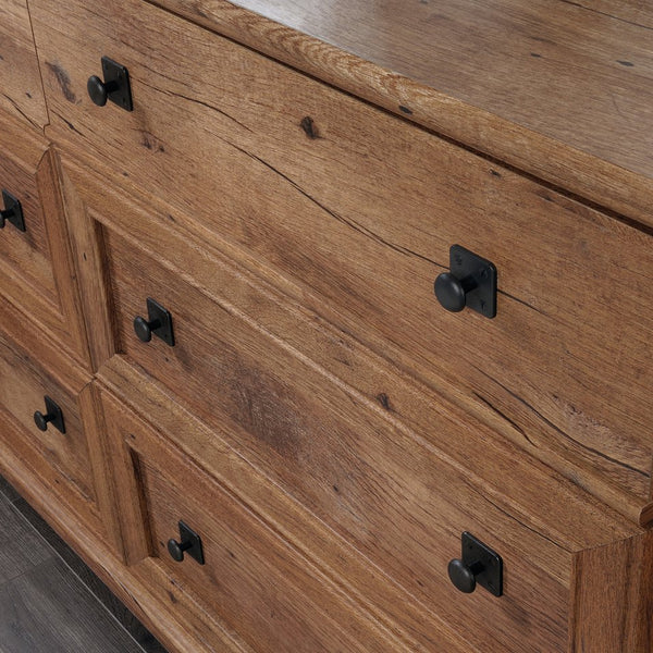 English Elm Dresser, Contemporary Brown Finish With Deep Drawers & Sleek Metal Handles For Modern Storage Solutions B356P402624