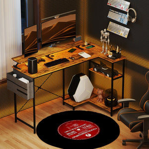 English Elm Homcom Rustic Brown L Shaped Corner Desk with Led Strip Power Outlet Monitor Shelf W2225P485648