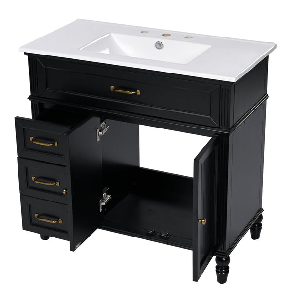 English Elm [video] 36 Inch Freestanding Bathroom Vanity Acacia Wood Legs Ceramic Sink Soft Close Black N759S340019B