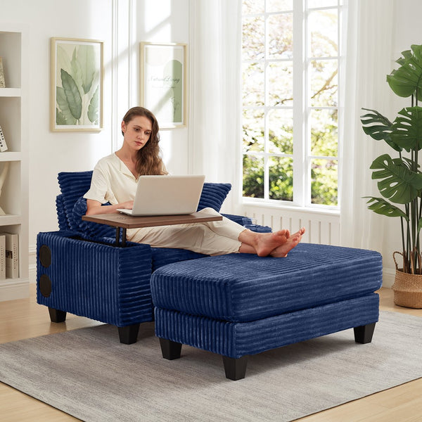 English Elm Fluffy Corduroy Storage Armrest Sofa with Ottoman, Bluetooth Speaker, USB, 180° Swivel Desk Blue W3705P349934