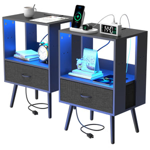 English Elm 2 Pack Modern Nightstands With Led Lighting & Charging Station - Stylish Fabric Drawers Included W1550P272495