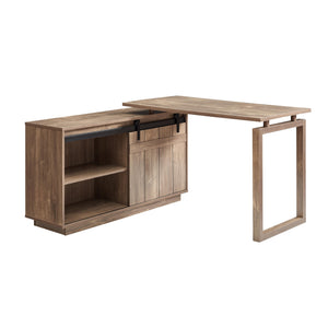 English Elm Desk L-Shaped Workstation With Storage Credenza & Sliding Barn Door – Modern Hazelnut Finish Design B107S00003