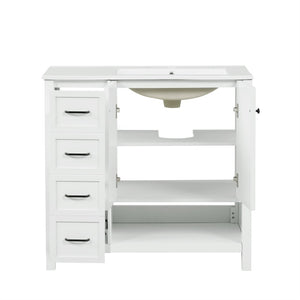 English Elm 36" Freestanding Bathroom Vanity Solid Wood Mdf Cabinet Ceramic Undermount Sink Open Shelf White N725P364203K