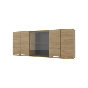 English Elm Lydia Modern Wall Cabinet in Natural Oak Finish with 4 Doors, Glass Display & Metal Handles — Sleek Storage Solution B128P287519