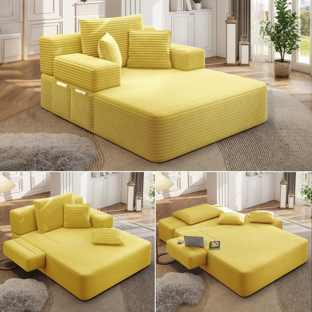 English Elm Luxurious Corduroy Frameless Chaise Sofa Bed with Spring Cushion and Storage Pocket Yellow W3219P496262