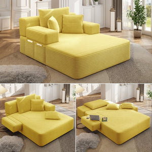 English Elm Luxurious Corduroy Frameless Chaise Sofa Bed with Spring Cushion and Storage Pocket Yellow W3219P496262