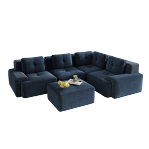 English Elm Modern Corduroy Sectional Sofa Deep Seat V Shape Tufted Couch with Movable Ottoman Blue W714S01579