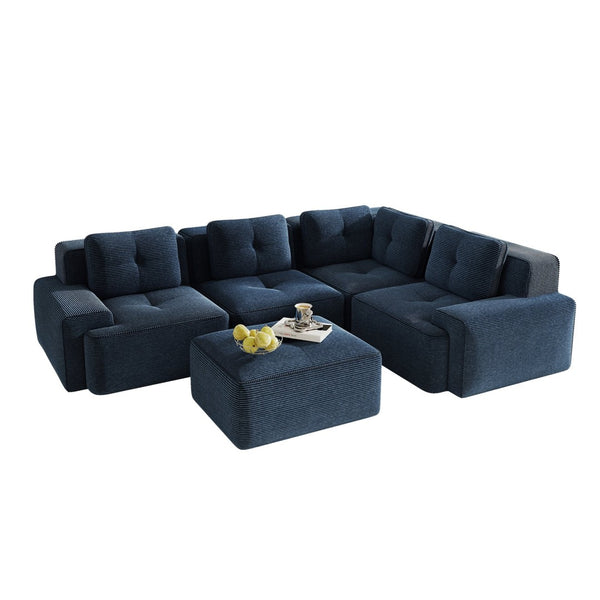 English Elm Modern Corduroy Sectional Sofa Deep Seat V Shape Tufted Couch with Movable Ottoman Blue W714S01579