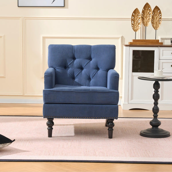 English Elm Tufted Button Corduroy Accent Chair Mid Century Studded Armchair for Living Room Blue W3523P387528