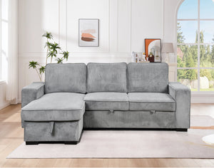 English Elm Modern Pull Out Sofa Bed with Storage Chaise, Convertible L-Shaped Sectional with USB Port and Cup Holder for Living Room — Comfortable Sleeper for Guests Light Gray W1417S00116