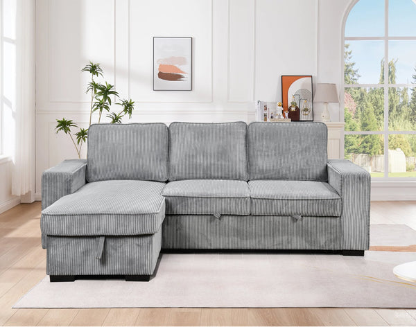 English Elm Modern Pull Out Sofa Bed with Storage Chaise, Convertible L-Shaped Sectional with USB Port and Cup Holder for Living Room — Comfortable Sleeper for Guests Light Gray W1417S00116