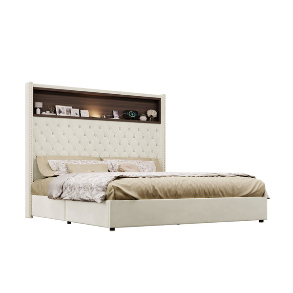 English Elm Queen Velvet Tufted Wingback Platform Bed Tall Headboard with Usb Charging Shelf Beige N733P367135A