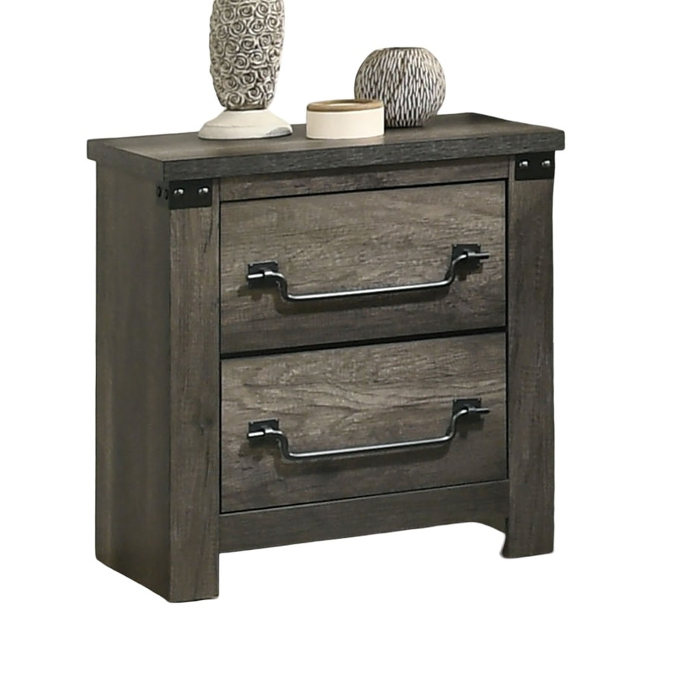 English Elm Farmhouse Rustic Gray Nightstand 23"W x15"D x25"H with Antique Brass Drop Handles & Metal Accent Trim B011P326198