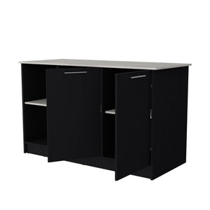 English Elm Mercury Kitchen Island with 59" Countertop, Dual Cabinets & Open Shelves — Modern Durable Finish B128S00037