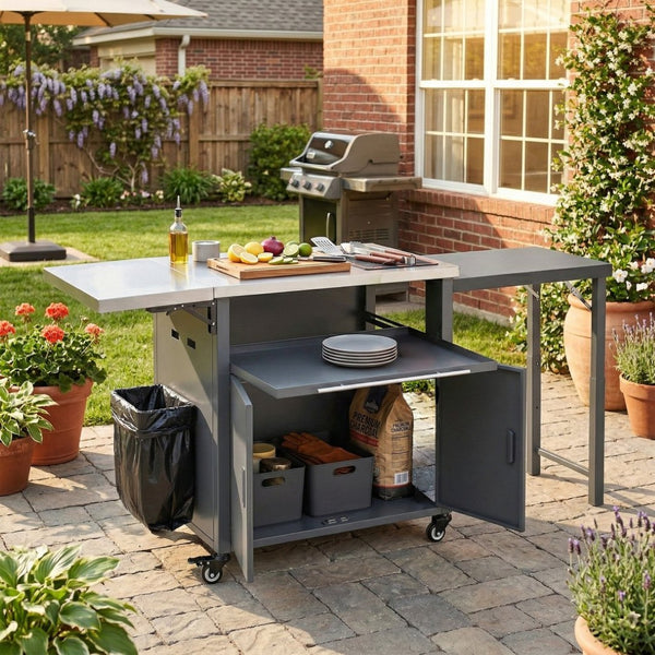English Elm Outdoor Bbq Prep Cart Rolling Stainless Steel Grill Station with Foldable Work Surface Gray N719P407404E