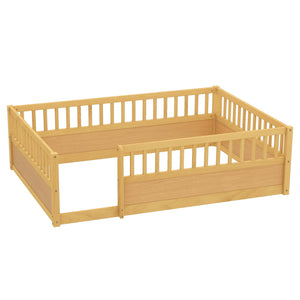 English Elm Full Montessori Floor Bed Frame with Fence for Kids — Pine Play & Reading Space, Sturdy Low Profile Natural W1580P307884