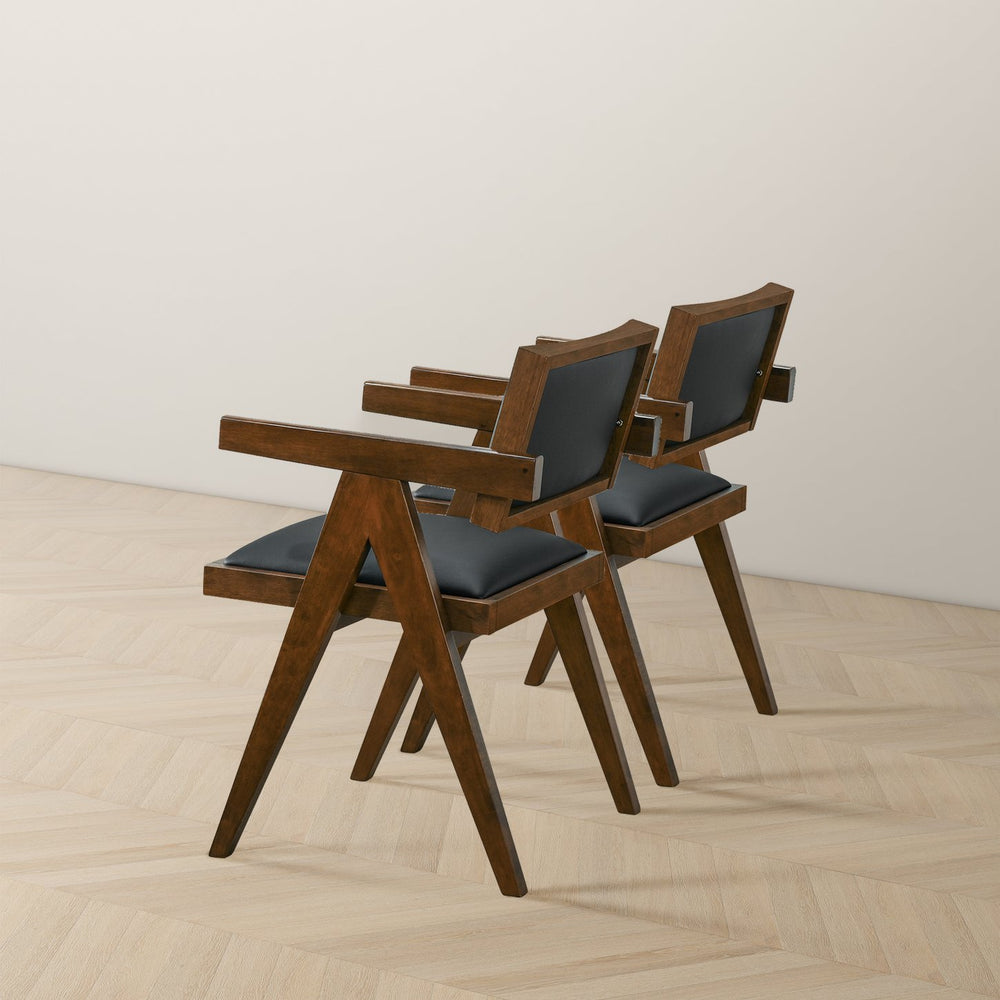 English Elm Ashcroft Furniture - Athena Solid Wood Dining Chairs Set of 2 — Black Vegan Leather Mid-Century Modern with Arms B183P231046