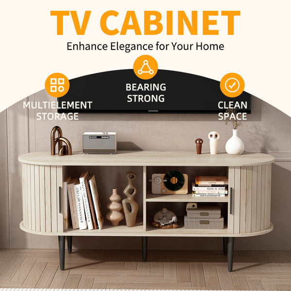 English Elm Tv Stand 47 Inch Mid-century Console with Fluted Sliding Door and Tapered Wood Legs W2641P442533