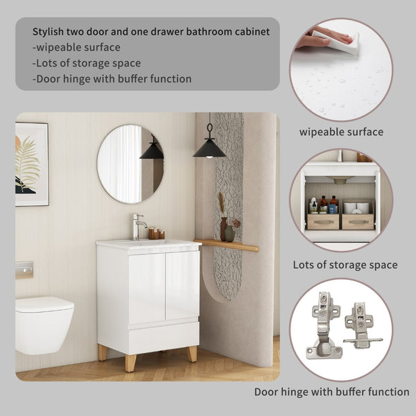 English Elm 24-inch Glossy White Bathroom Vanity Combo with Ceramic Sink and Solid Wood Feet W3151S00066