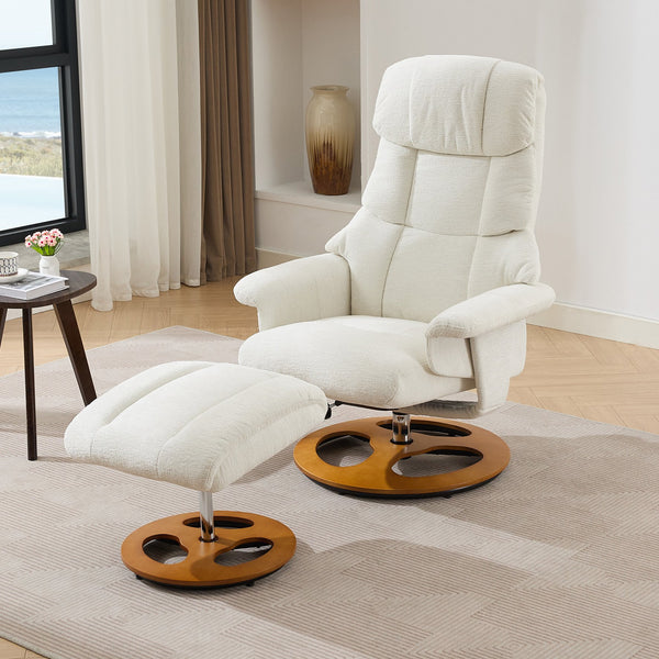 English Elm 010-Ergonomic Recliner Chair with Ottoman — 360° Swivel Lounge, Chenille Comfort, Heated Seat, Massage, Adjustable Backrest White W2636P262424
