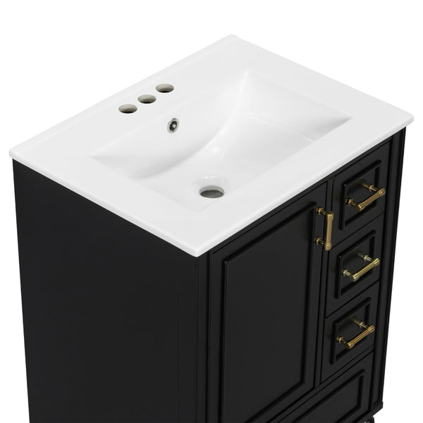 English Elm 24" Olive Bathroom Vanity Solid Wood Frame Ceramic Sink Gold Hardware Soft Close Black N729P373272B