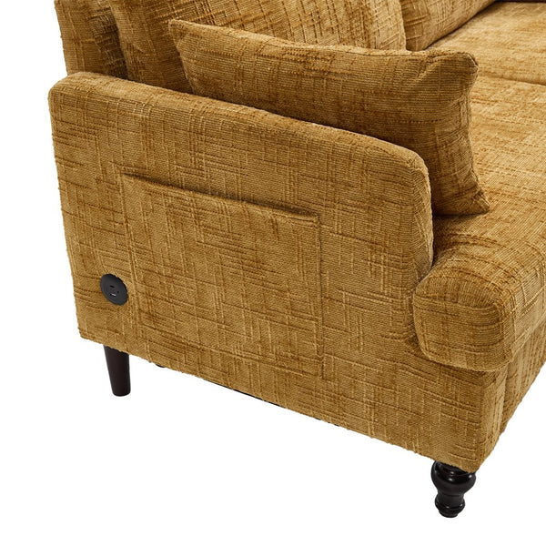 English Elm Modern chenille 2-seater sofa with LED lighting, USB charging, storage pocket, sturdy wood legs Mustard yellow W395P318542