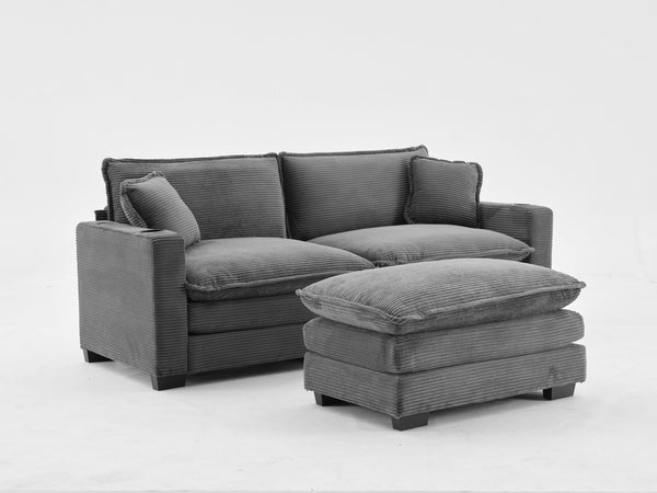 English Elm L Shape Sofa Couch - Modern 2-Seater With Usb, Cup Holder & Footstool In Soft Corduroy Gray Fabric W2100S00138