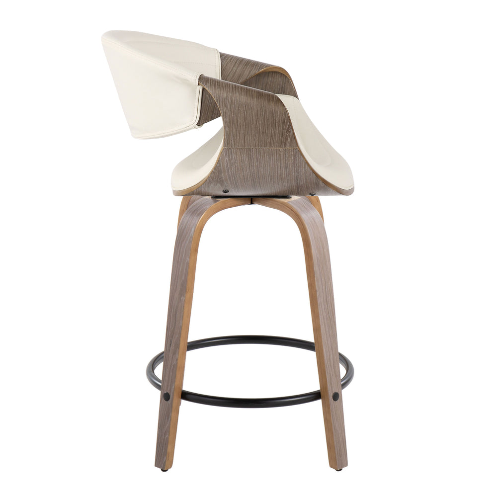 English Elm Symphony 24" Mid-Century Counter Stool Set of 2 — White Faux Leather Swivel, Bent Wood Legs, Tufted B202S00087