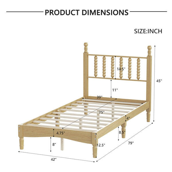 English Elm Twin Rubberwood Platform Bed Gourd Headboard Retro Bohemian Bedroom Slat Base Natural N733P427029M