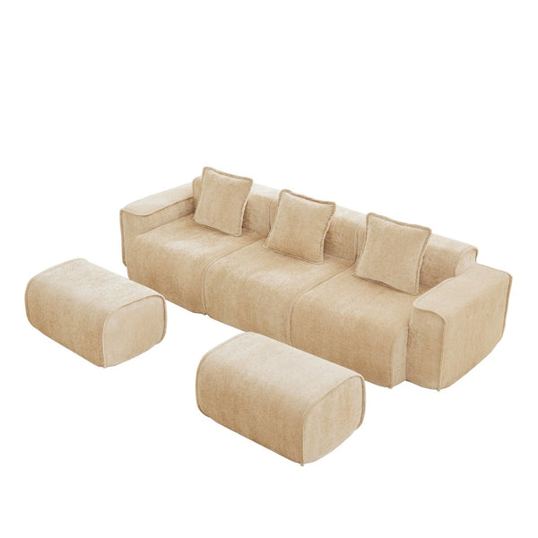 English Elm Streamlined Velvet U-shape Modular Sectional Sofa with Ottomans French Piping Cloud Foam Light Camel W3041S00353