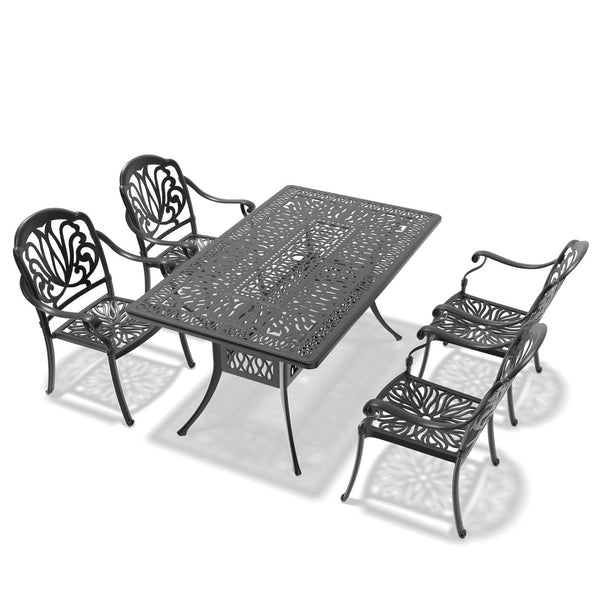 English Elm 5-piece Cast Aluminum Outdoor Dining Set Old World Ornate Patio Furniture Brown Cushions W1710S00567