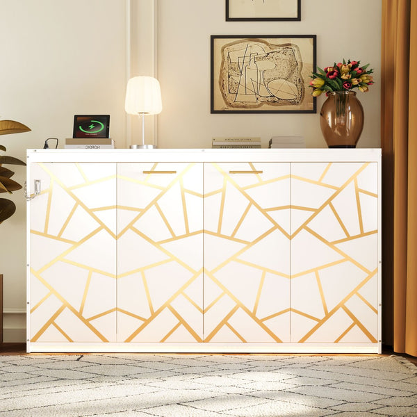 English Elm Twin-size Murphy Wall Bed with Led Lighting Usb Outlet and Decorative Printed Panel White LP000355AAK