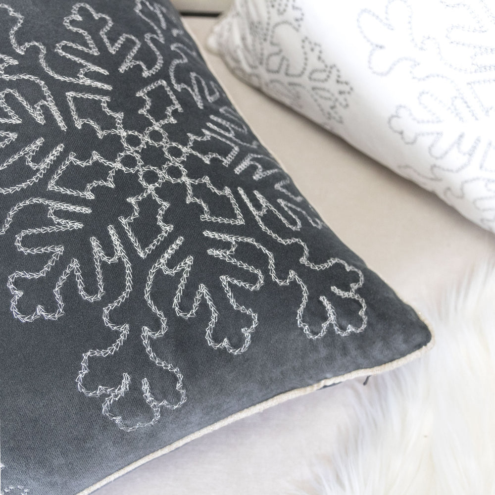 English Elm Gray Velvet Holiday Throw Pillow 20X20 With Elegant Silver Snowflake Design For Festive Comfort B357P361374
