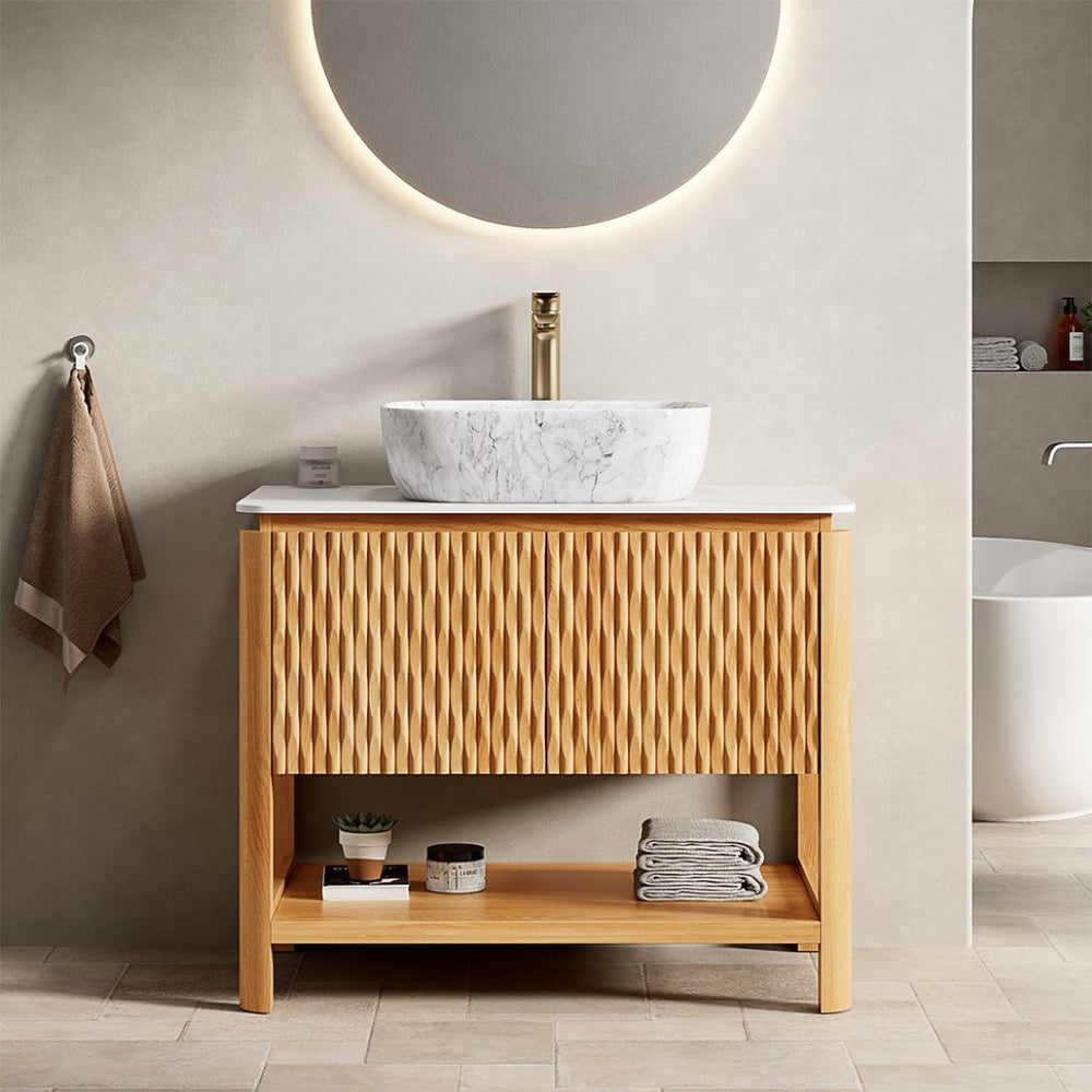 English Elm Dina Floating Bathroom Vanity Sintered Stone Top Glass Basin Striped Plywood Cabinet W2615S00517