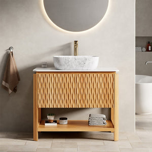English Elm Dina Floating Bathroom Vanity Sintered Stone Top Glass Basin Striped Plywood Cabinet W2615S00517