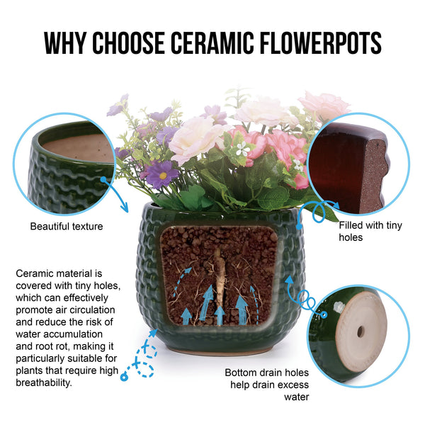 English Elm 3 Pieces Ceramic Flowerpot Set - Elegant Dark Green Planters For Garden, Patio & Indoor Spaces W3273P321559