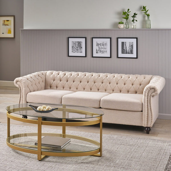 English Elm Sofa Chesterfield Three Seat Tufted Scrolled Arm Nailhead Living Room Formal Piece 68014.00FBGE